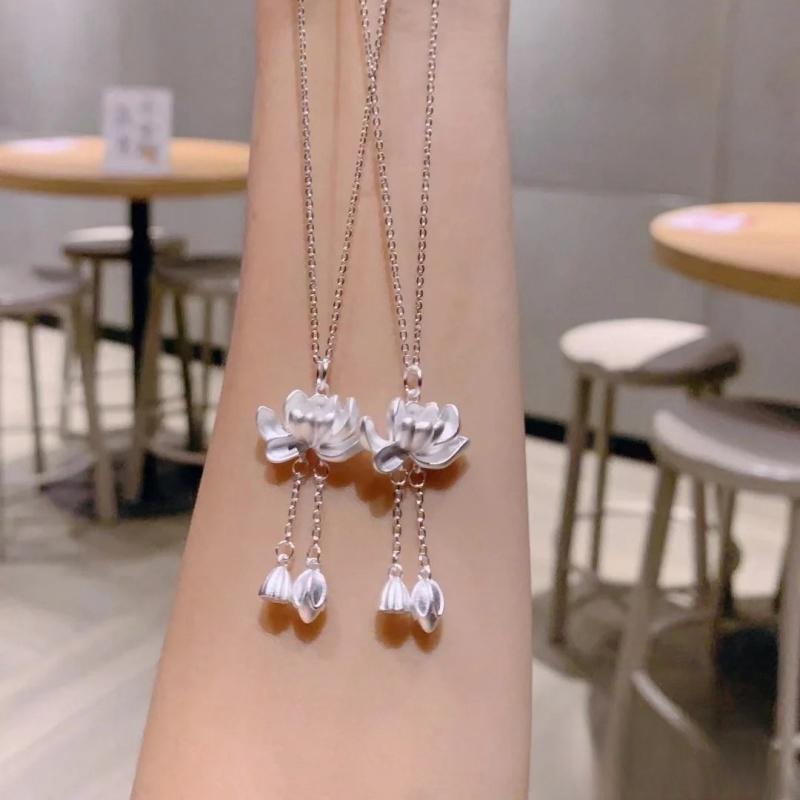S925 Sterling Silver Two Lives Lotus Necklace - Women's National Style Fashion Clavicle Chain