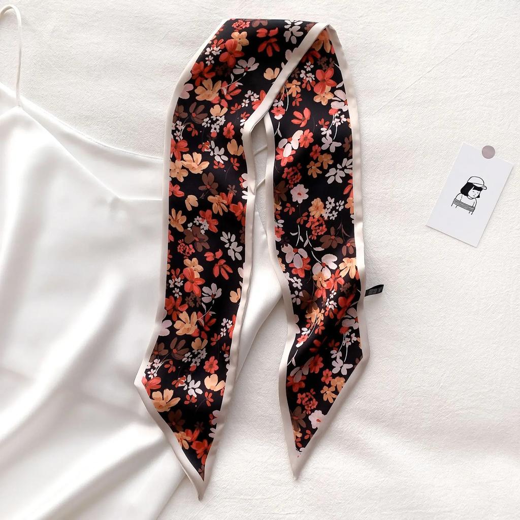 Summer Long Lady Bag Silk Scarf Floral Print Skinny Neck Hair Scarfs Women Band Headwear Handbag Tie Ribbons Handle Wraps Female