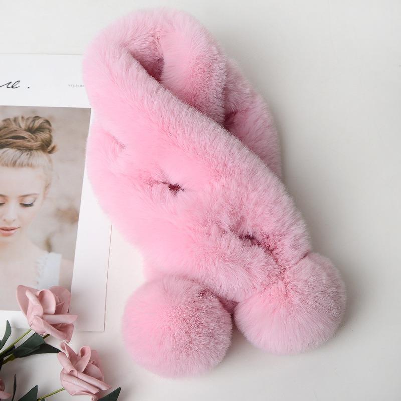 Dame Vinter Ensfarget Skjerf Myk Plysjball Dekor Fuskepels Tykke Skjerf Koselig Halsvarmer Kryss Vindtett Termisk Dame Halsvarmer