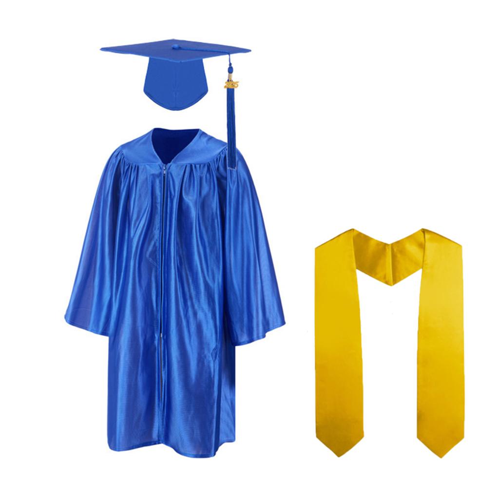 3 Pcs/Set Children Kindergarten Graduation Uniform with Tassel Hat And Shawl V Neck Calf Length Long Sleeve Zipper Closure Elementary Graduation Robe