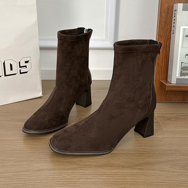 

Autumn Winter Square Toe Women Thick Heel Ankle Boots Fashion Stripper Party Shoes Female Vintage Stretch Slim Short Booties 35