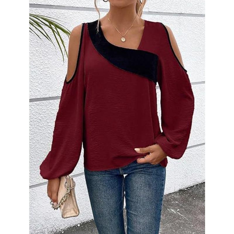 YYFS Moda damska Casual Wiosna Jesień Jednolity kolor Drukuj Bluzki i koszule z długim rękawem i dekoltem w kształcie litery V