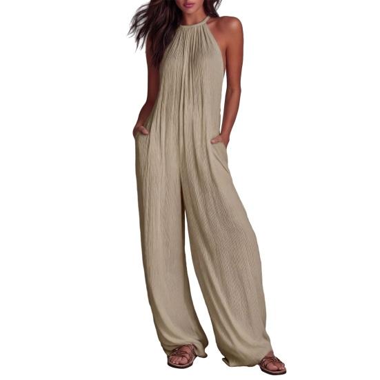 

Women s Casual Jumpsuit, Comfortable Loose Fit Jumpsuit, Summer Sleeveless Wide Leg Romper, Soft Stretchy Romper with Pockets for Work M хаки