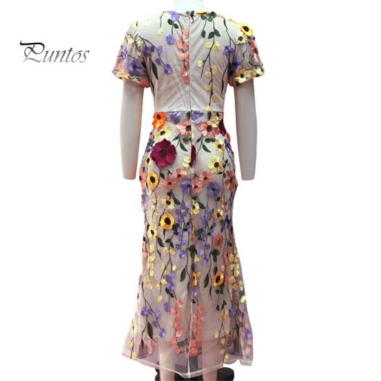 Women Fishtail Dress Round Neck Puff Short Sleeve Embroidered 3D Flower Decor Midi Dress Hip Wrapped Long Dress