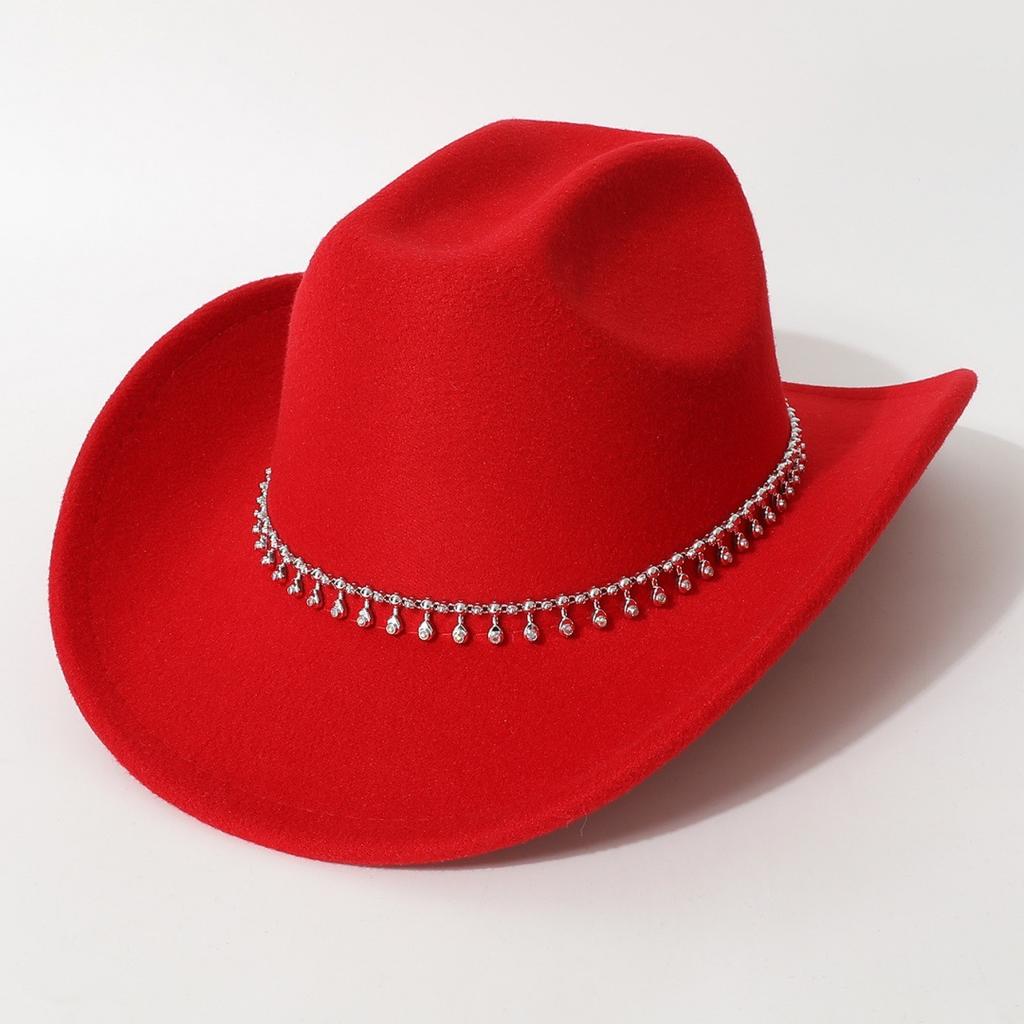 Women's Unisex Western Cowboy Hat with 3D Round Gems, Rhinestones, Rivets, and Chain Decorations, Wedding Party Hat