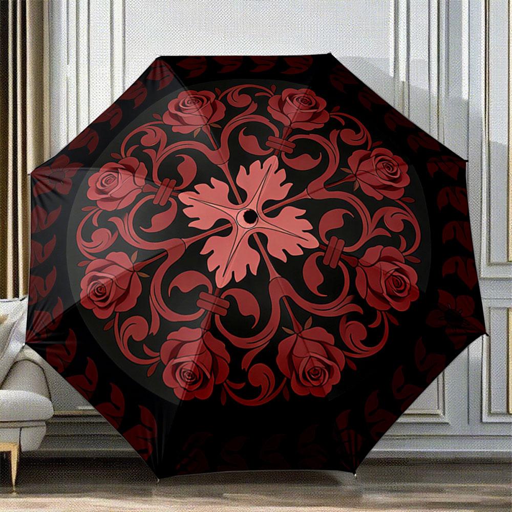 Modern Round Red Rose Damask Black Patterned Umbrella
