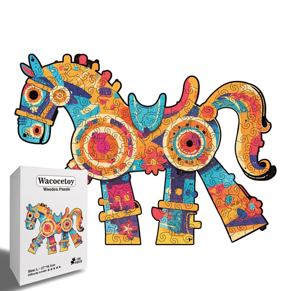 Wacocetoy Seven-Color Horse Irregular Wooden Jigsaw Puzzle - Challenging Educational Toy for Adults