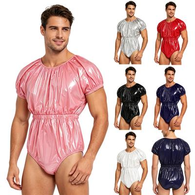M-3XL Men Waterproof Diaper Cover Jumpsuit Buttoned Crotch Short Sleeve Elastic Waist Leakproof Bodysuit for Adaptive Swimwear