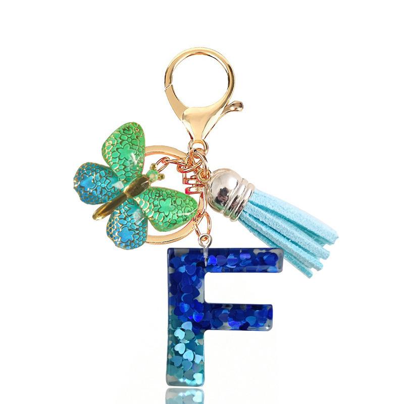 Fashion Blue Glazed Stone A To Z Letter Keychain 26 Initials Alphabet Butterfly Tassel Pendant Car Key Chain Women Jewelry GIfts