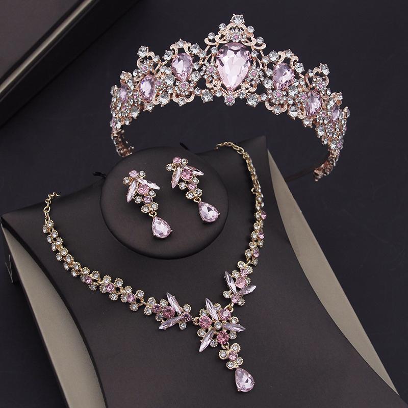 Luxury Pink Crystal Bridal Jewelry Sets for Women Tiaras Necklace Sets Girls Wedding Crown Combs Bride Jewelry