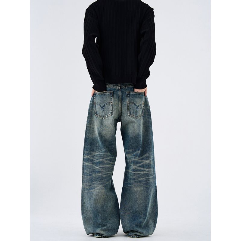 Kisko American High Street Washed Vintage Whiskered Straight-Leg Jeans Unisex Trendy Brand Cool Casual Vibe Pants