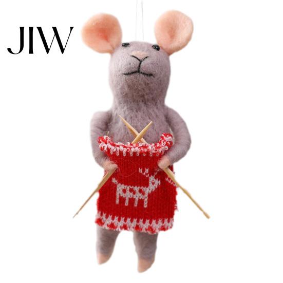 Soft Wool Felt Animal Figurines Christmas Mouse Ornament, Handmade Felted Hanging Decoration, Knitting Theme Xmas Tree Baubles Cute Doll for