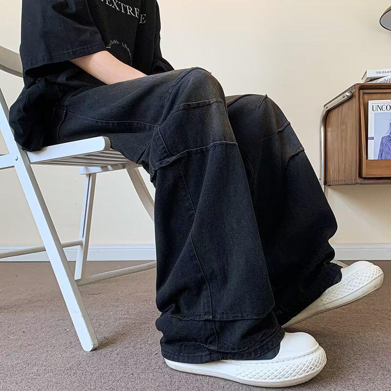 Men's Loose Fit Black Wide-Leg Jeans, Trendy Pleated Flared Casual Pants