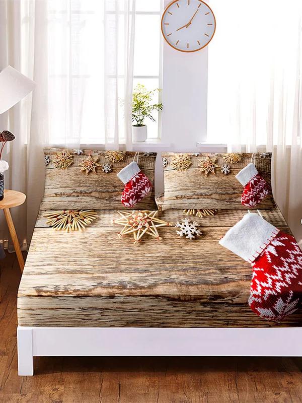 Bedding Set Christmas Fitted Sheet Set Bed Set Mattress Cover Four Corners Elastic Band Non Slip Bed Sheets and Pillowcases