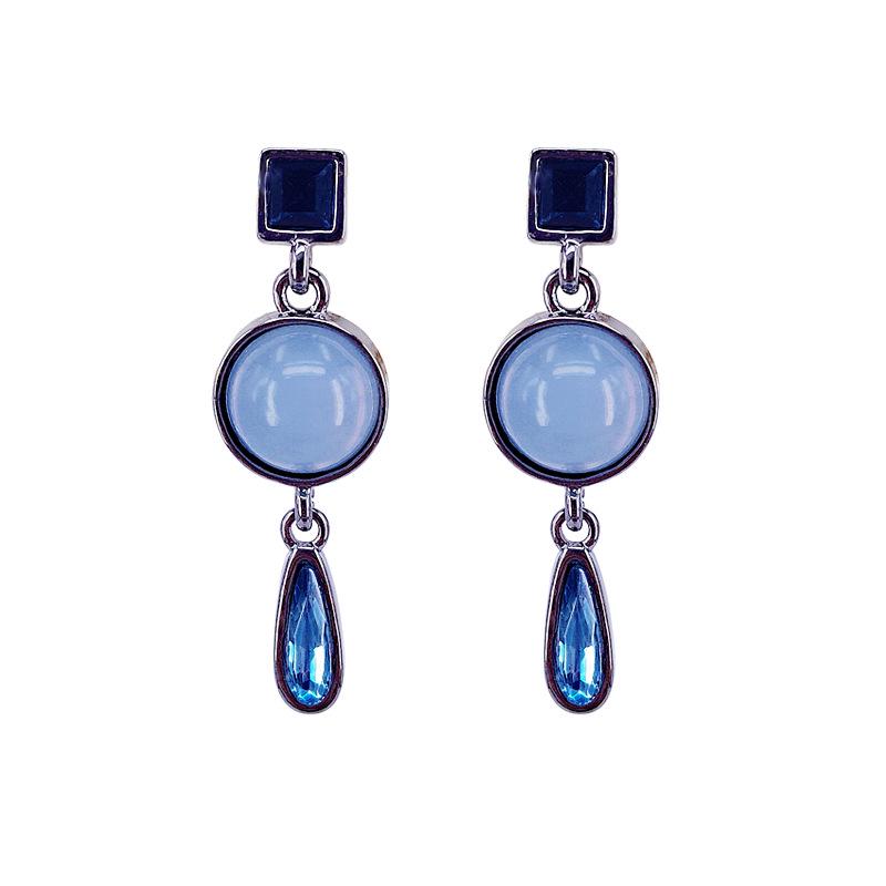 S925 Silver Needle Blue Water Drop Cat's Eye Stone Morandi Crystal Geometric Stud Earrings