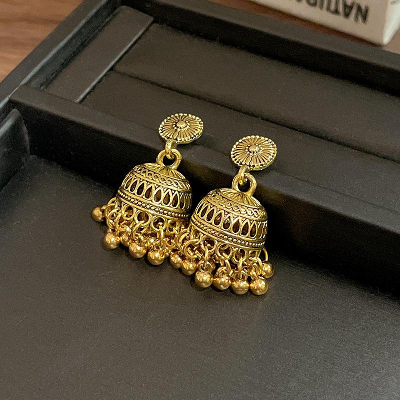 Silver needle round engraved ball fringed earrings retro bohemian versatile earrings personalized fashion light luxury earrings