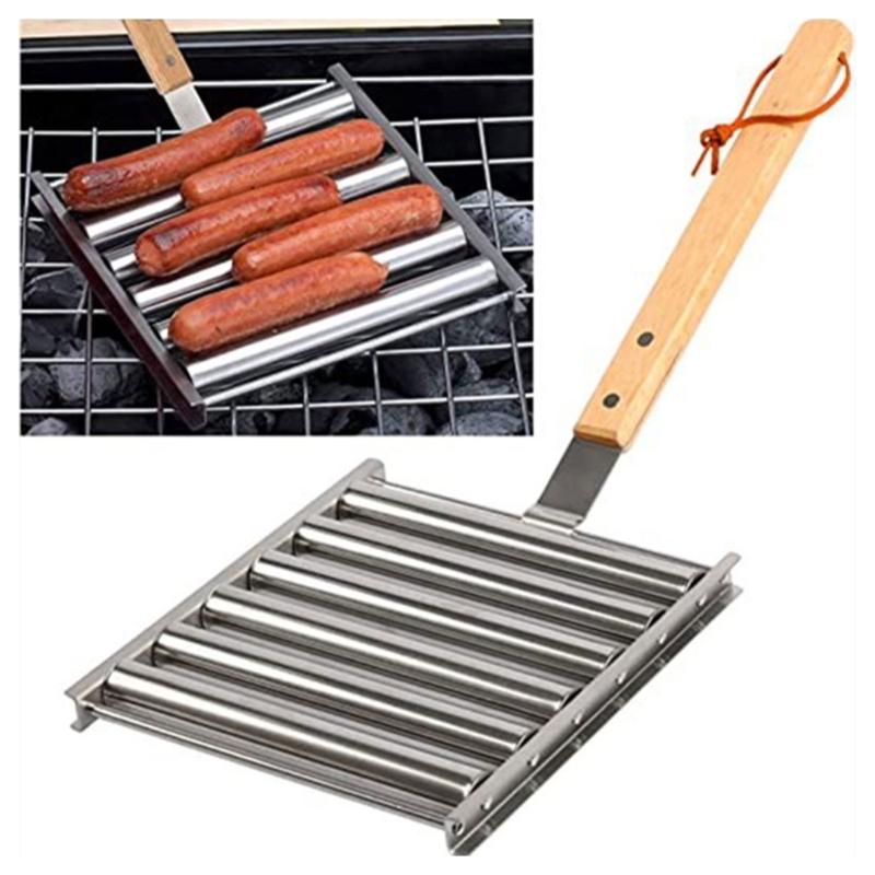 Stainless Steels Hot Dog Roller Sausage Roller BBQ Sausage Roller Rack Anti Scald Barbecue Sausage Roller 6 Roller