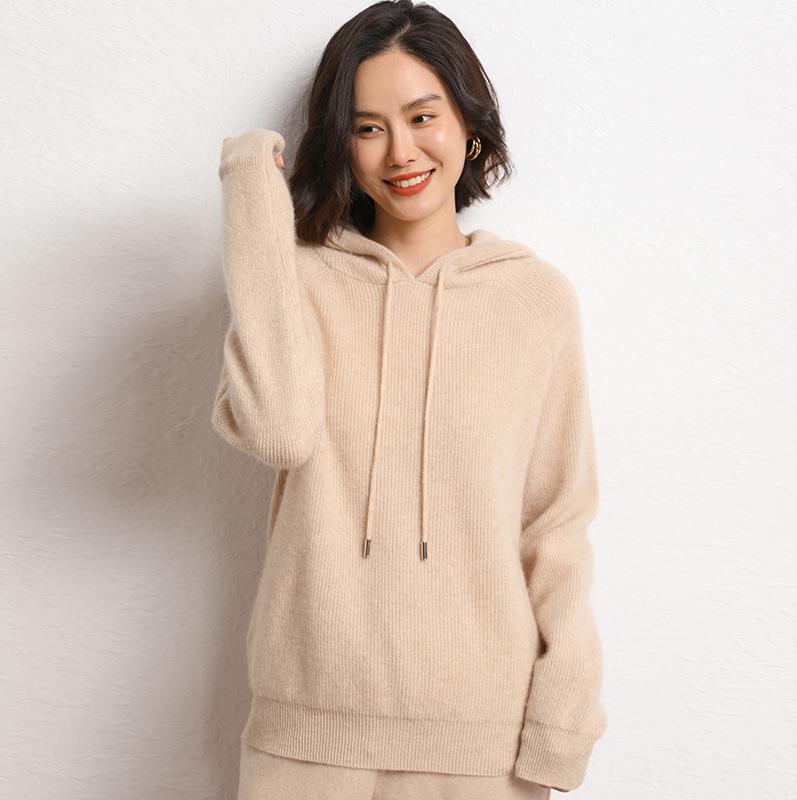 Women's Hooded Cashmere Sweater - 2026 Autumn/Winter Seed Stitch Loose Slimming Warm Base Layer