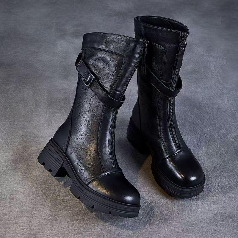 Women's Genuine Leather Knee-High Martin Boots, 2025 Autumn/Winter, British Style, Thick Sole, Plus Velvet.
