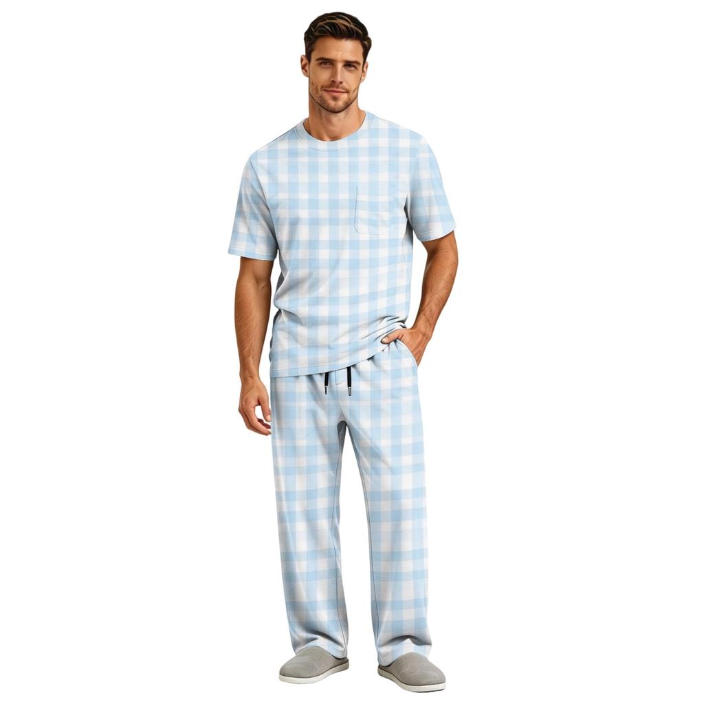 Men's Short Sleeve Pajama Set with Button Fly and Elastic Drawstring Waist for Home Loungewear