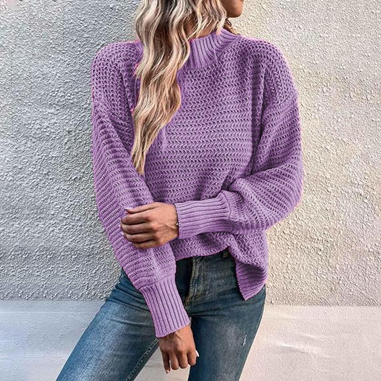Women Warm Knitted Sweater Round Neck Pullover Jumpers Long Sleeve High Collar Knit Sweaters Tops Outerwear