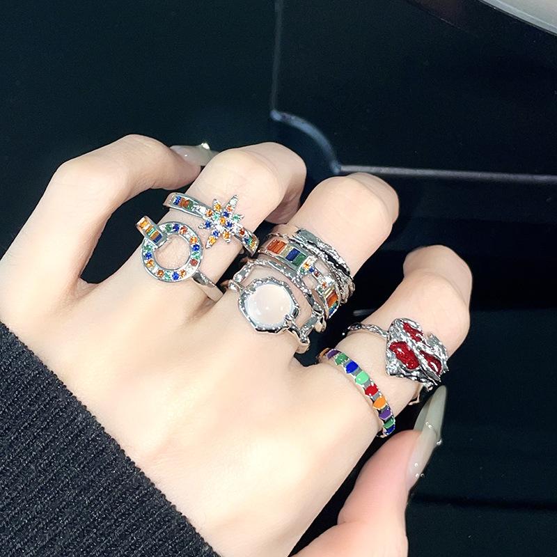 Color Zircon Irregular Pleated Open Ring Cold Wind Personality Light Luxury High Sense Index Finger Ring Woman