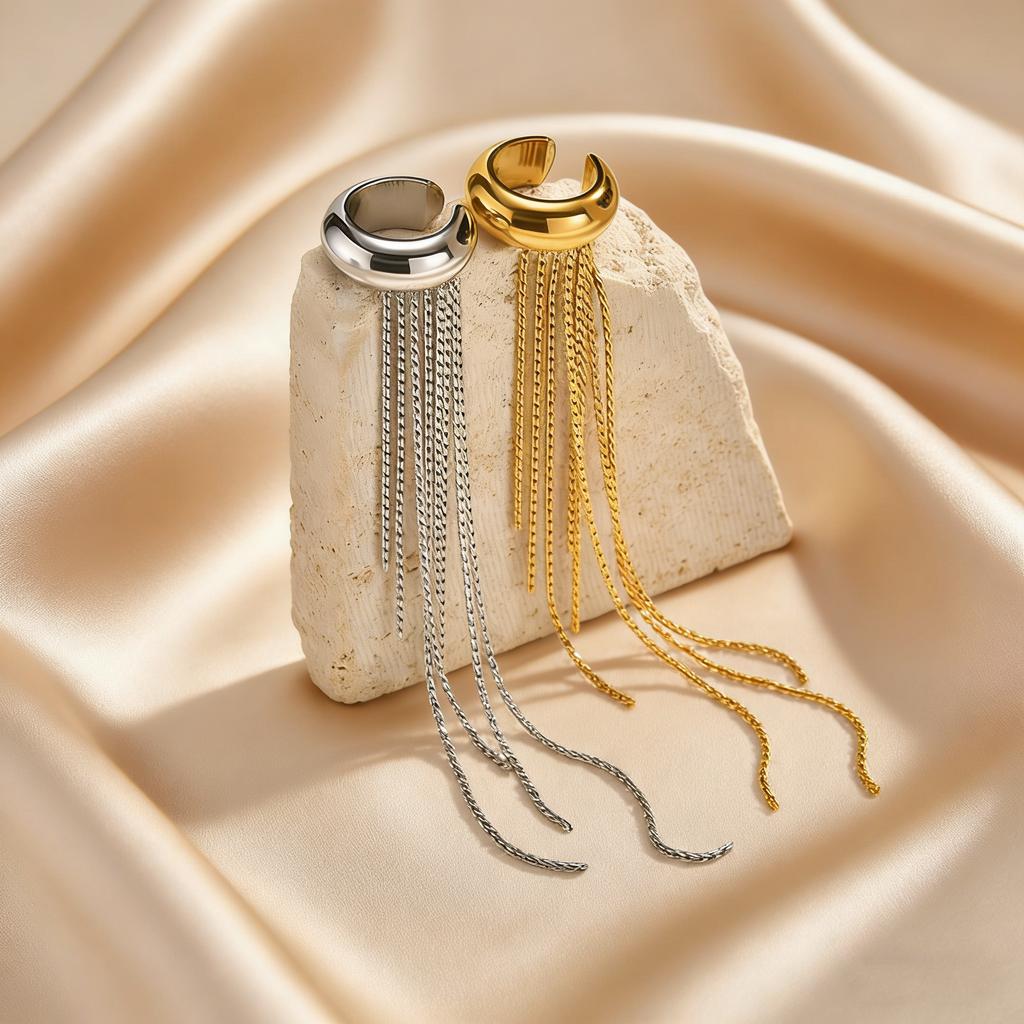 Fashion Long Tassel C-shaped Fake Piercing Ear Clip for Women Gold Plated Stainless Steel Ear Bone Clip On Earrings Ear Cuff