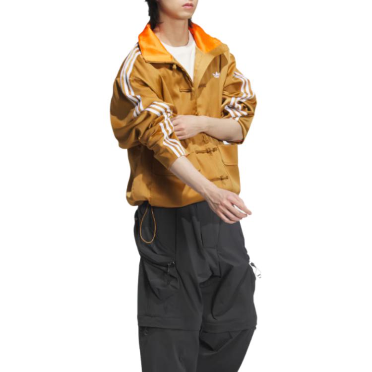 adidas Originals SS24 Chinesischer Stil Knopfstreifen Vintage Stehkragen Lässige Langarmjacke Unisex Jacke Hellbraun JD3379