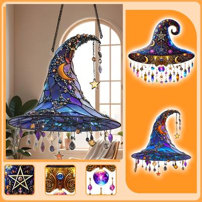 Halloween 2D Acryl Hexenhut Hängedekoration mit Mond- und Sternanhängern, Fensterschmuck