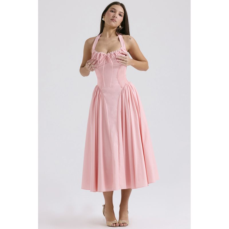 

Lace Dress2025 New Summer Slim fit Sling Long dress European and American Fashion Print Hanging Neck Lace Dress Pink L