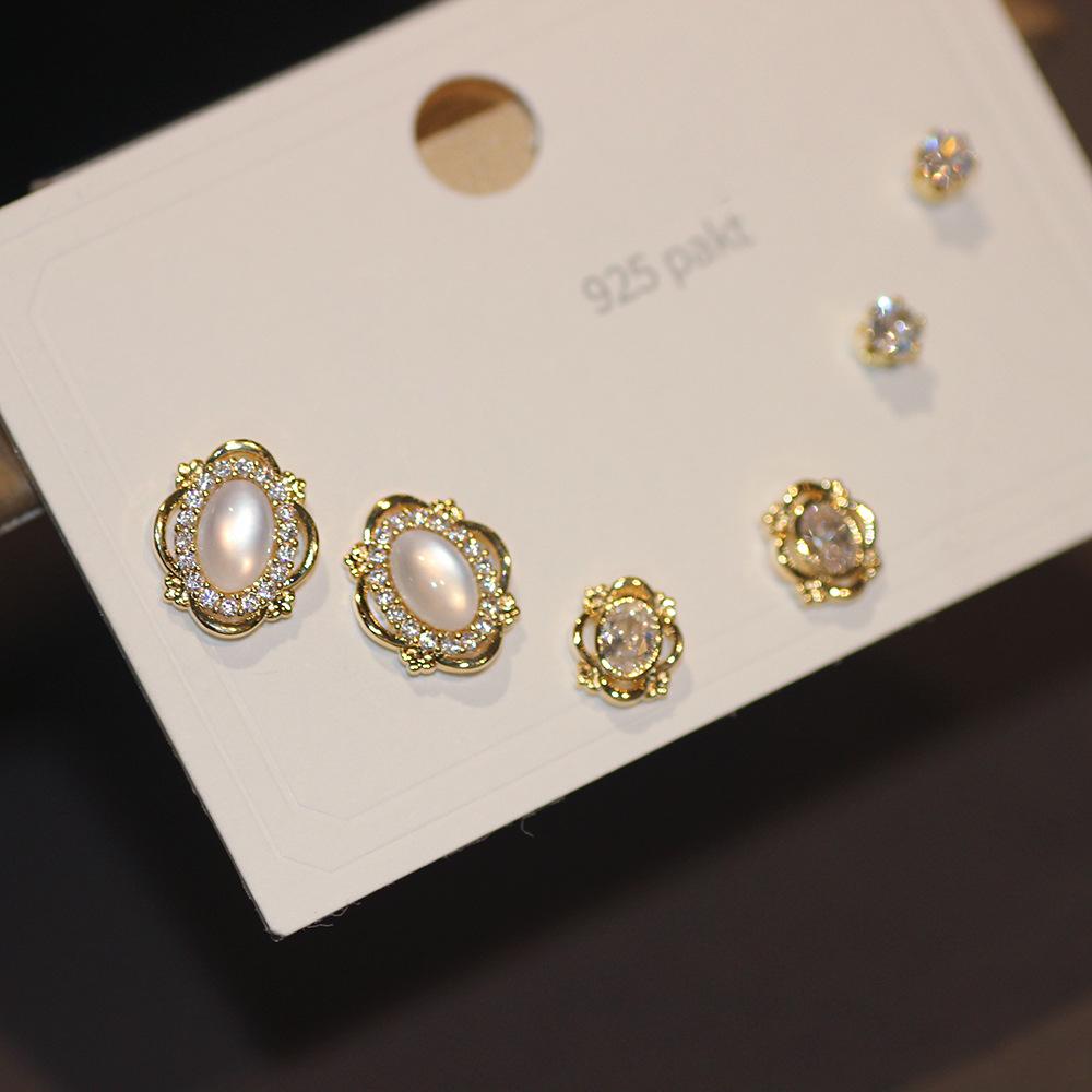 925 Silber Nadel Ohrring Set - Goldene Schleife und Persönlichkeitsdesigns, Drei Paare