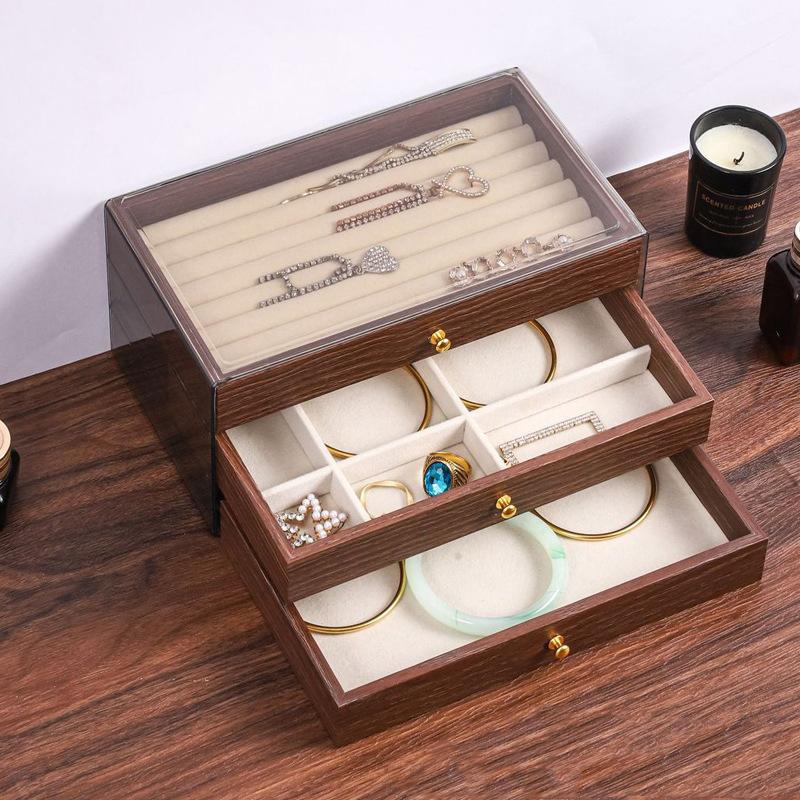 

Retro Wooden Jewelry Boxes Multilayer Velvet Ring Earrings Necklace Bracelet Display Storage Case Desktop Jewellery Organizer