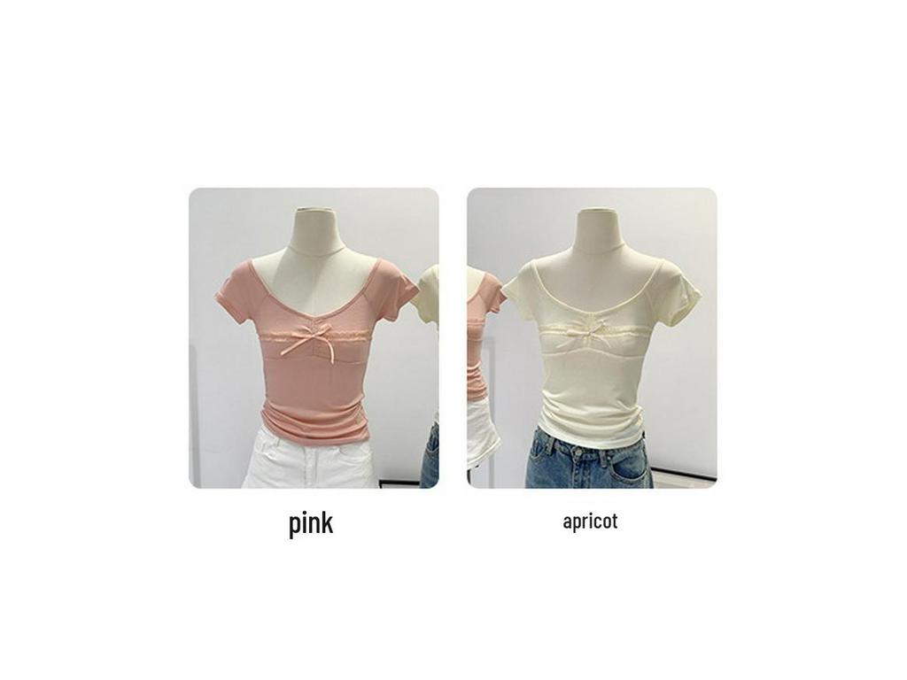 Korean Sweet & Spicy Lace Large Neckline Slim T-Shirt – Women's Summer 2024 Collection