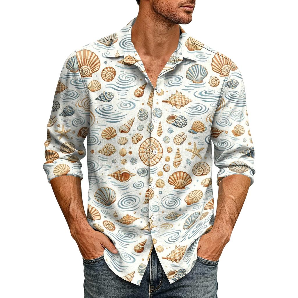 Men's Loose Fit Long Sleeve Shirt Hawaiian Style Retro Casual Button Down Shirt with Spread Collar Suitable for Spring and Autumn