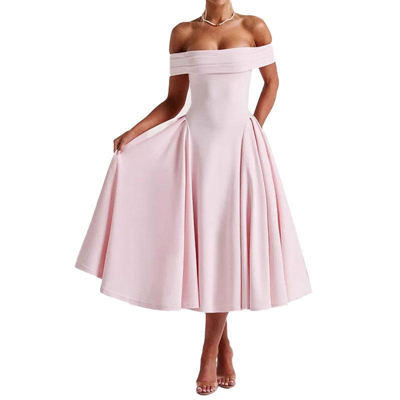 Summer Women Fashion Off-shoulder Sexy Style One-length Solid Color Dress Outfit for Women
