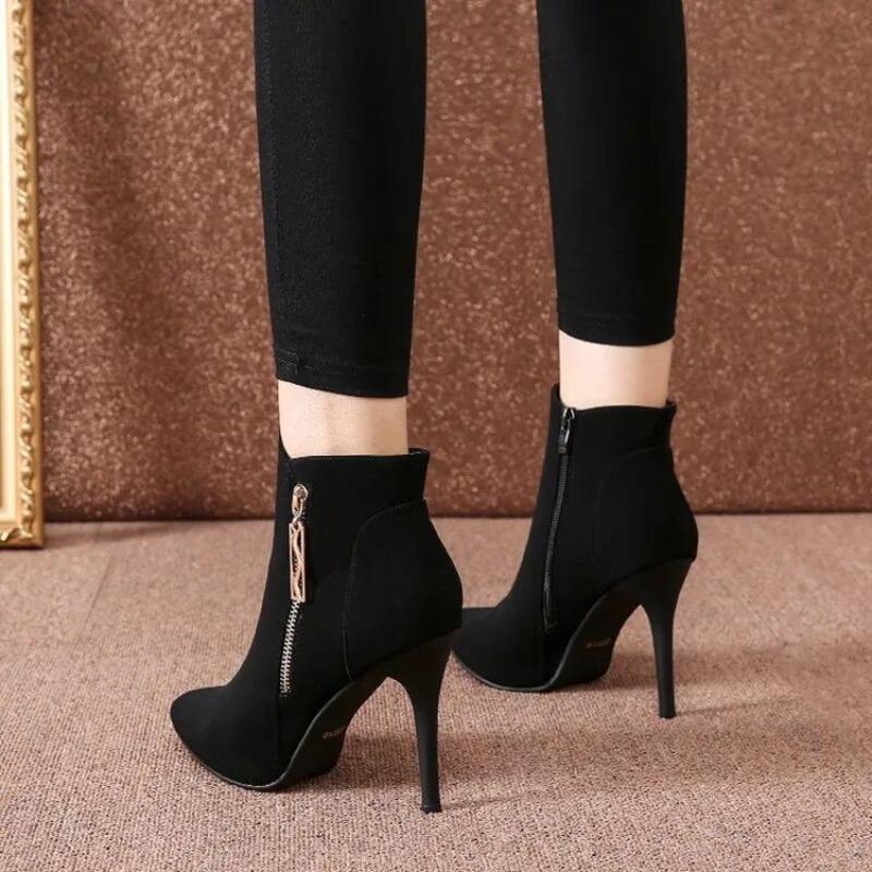 Women's high-heeled short boots, autumn and winter fashion velvet thin-heeled pointed women's boots versatile and thin boots