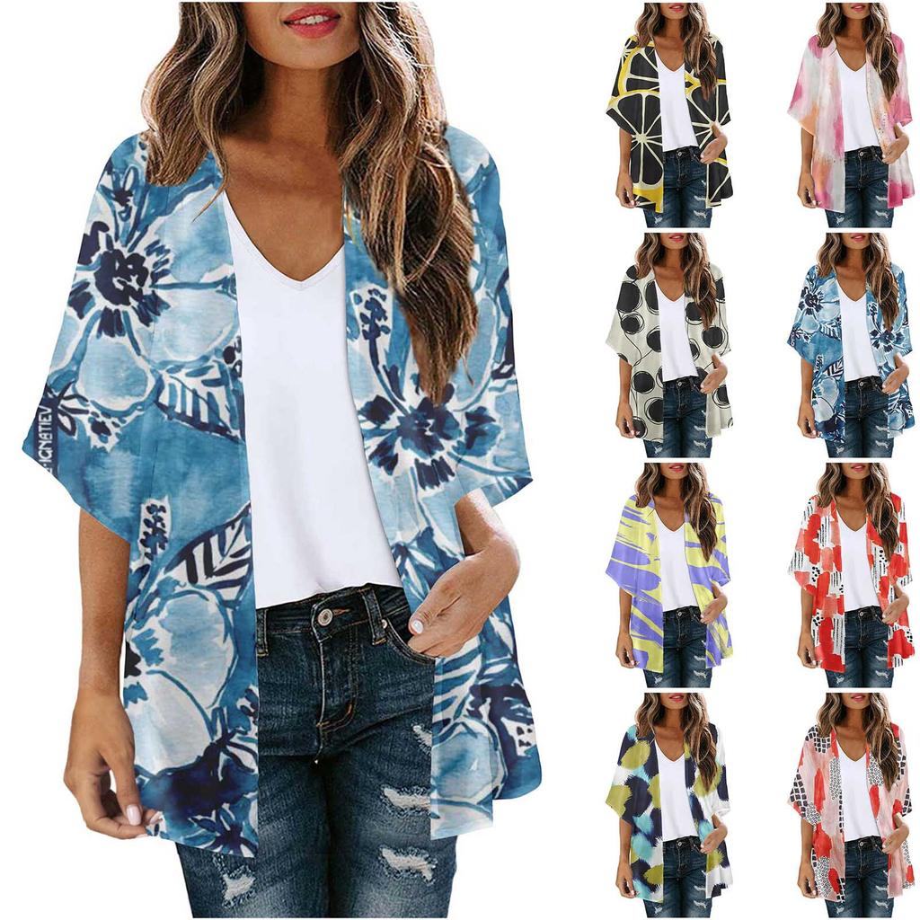 Women's Fashion Printed Seven-Part Sleeve Cardigan Loose Blouse Casual Blouse Top