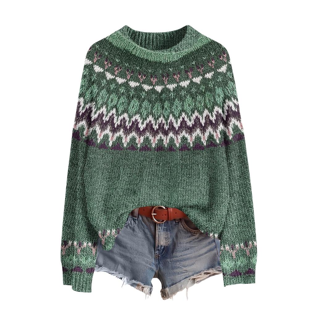 Women's Casual Long Sleeve Round Neck Soft Printed Sweater Pullover for Fall Winter