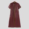INCERUN Men Short Sleeve PU Open Front Faux Leather Long Cardigan Coats