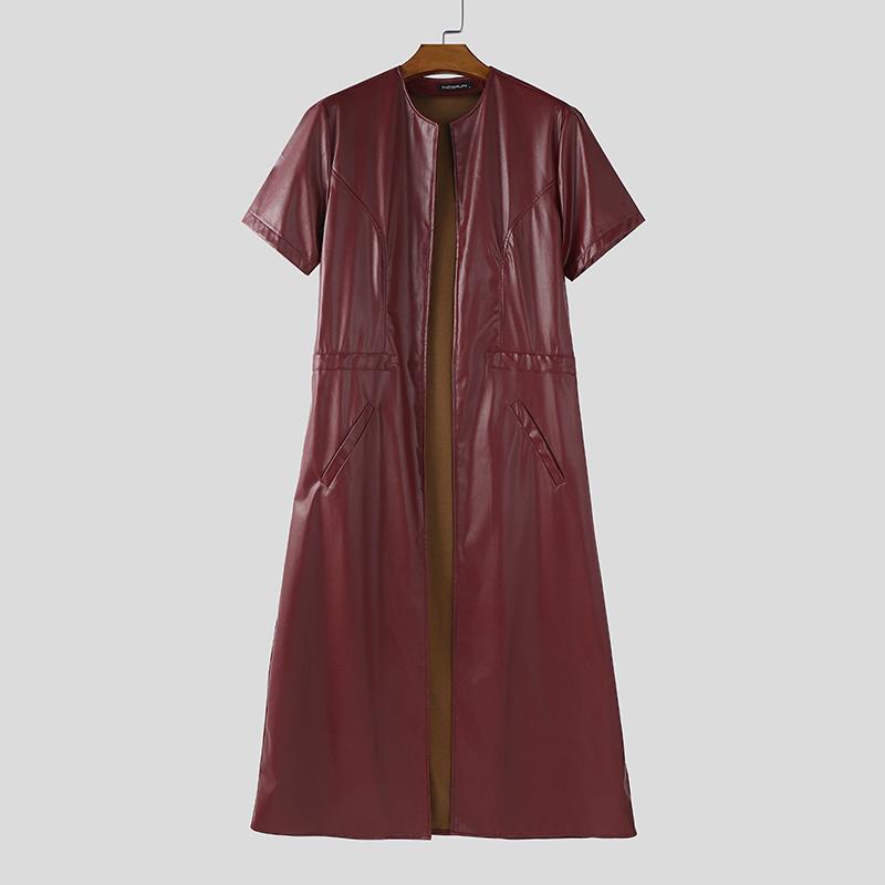 INCERUN Men Short Sleeve PU Open Front Faux Leather Long Cardigan Coats