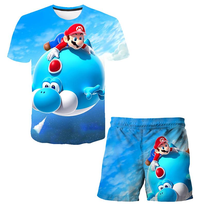 2025 Neue T-Shirts Jungen Anzug Mario T-Shirt Shorts Sommermode Mario Bros T-Shirt 2-teilige Sets Kinder Trainingsanzug Jungen Übergroße Kleidung