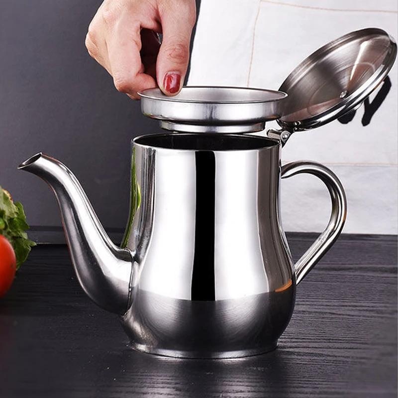 Stainless Steel Oil Kettle Portable Oil Pot with Filter Large Capacity Thickened Liquid Storage Jug Suitable for Induction Cooke