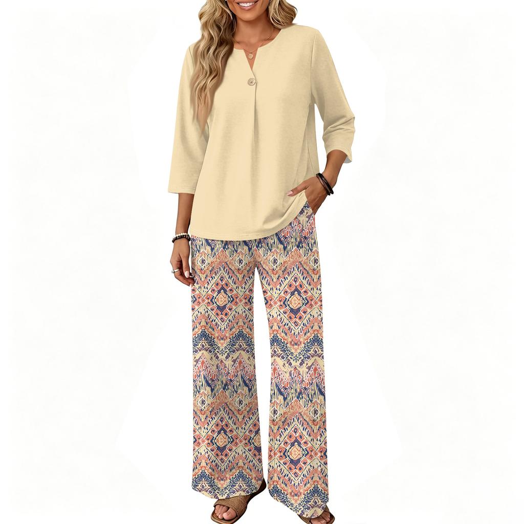 Women's Casual Printed 3/4 Sleeve Button Front Top and Wide Leg Pants 2 Piece Set