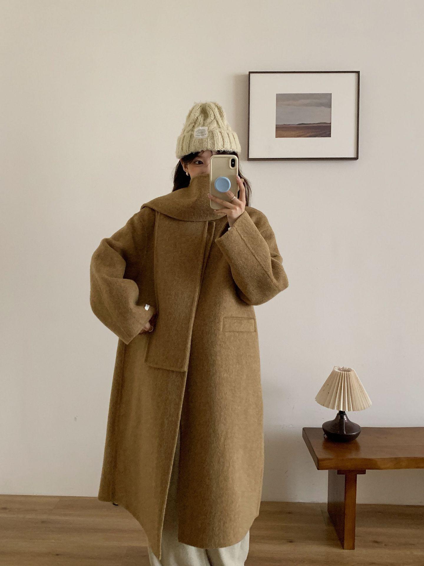 

Свободная версия H с шарфом Свободное двустороннее шерстяное пальто, длинное утолщенное теплое простое шерстяное пальто M (120-72.5 kg) жёлтый