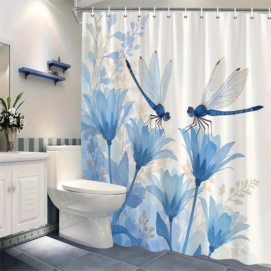 1Pc Blue Floral And Dragonfly Patterned Shower Curtain With Hooks, Made Of Polyester Fabric, Suitable For Bathroom Dcor.