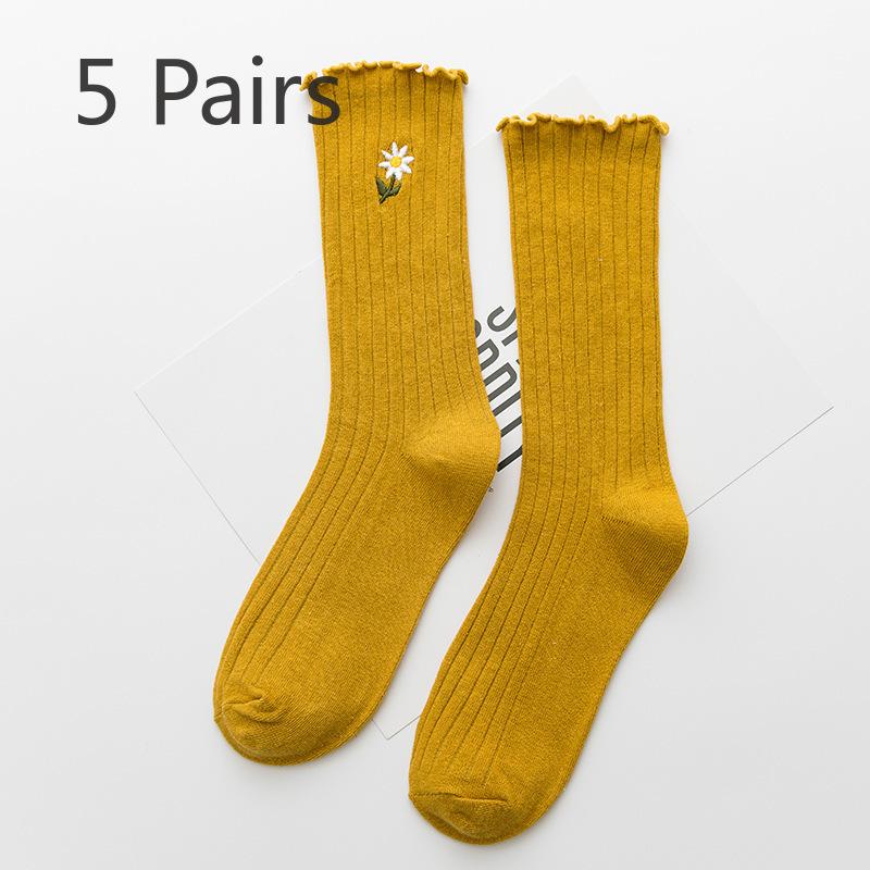 5 Pairs of Female Spring and Summer New Solid Color Wooden Ear Embroidery Roll Edge In The Tube Pile Socks
