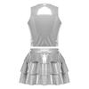 Women PU Crop Top and Skirt Set Front Dual Zippers Sleeveless Vest Top Open Front Tiered Ruffled Hem Miniskirt
