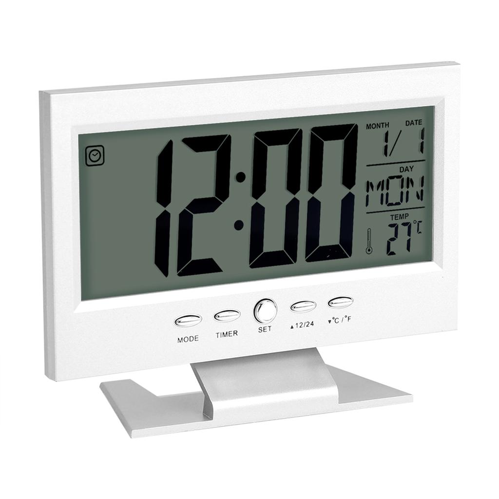 LCD Digital Sound Sensor Table Desk Alarm Clock with Calendar and Temp Display Silver