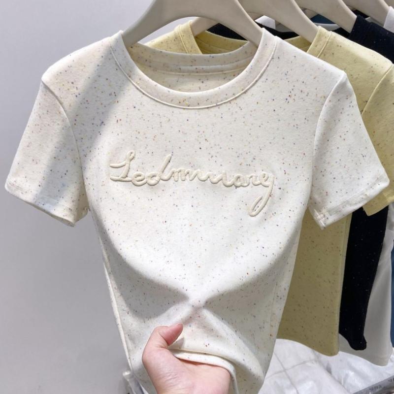 

Вышитые буквы Футболка с коротким рукавом для женщин на лето Новая корейская стильная приталенная и высококачественная базовая футболка из чистого хлопка XL абрикосовый