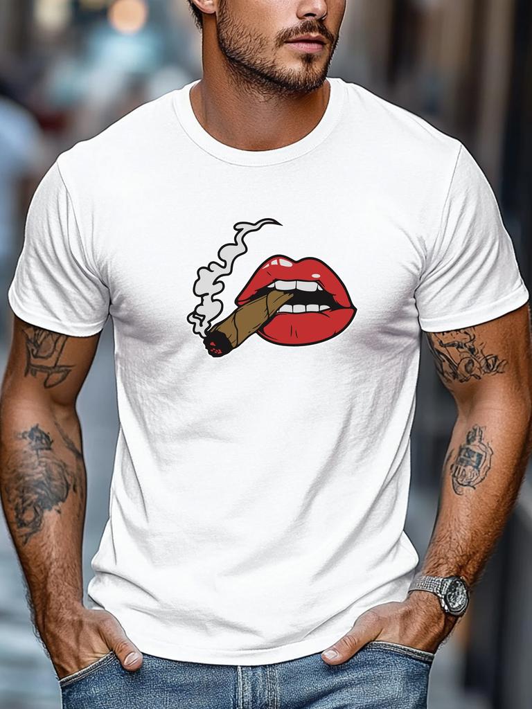 Mens Summer Fun TShirt Red Lips Cigar Print Short Sleeve Round Neck Breathable Soft Oversized Lively Daily Wear